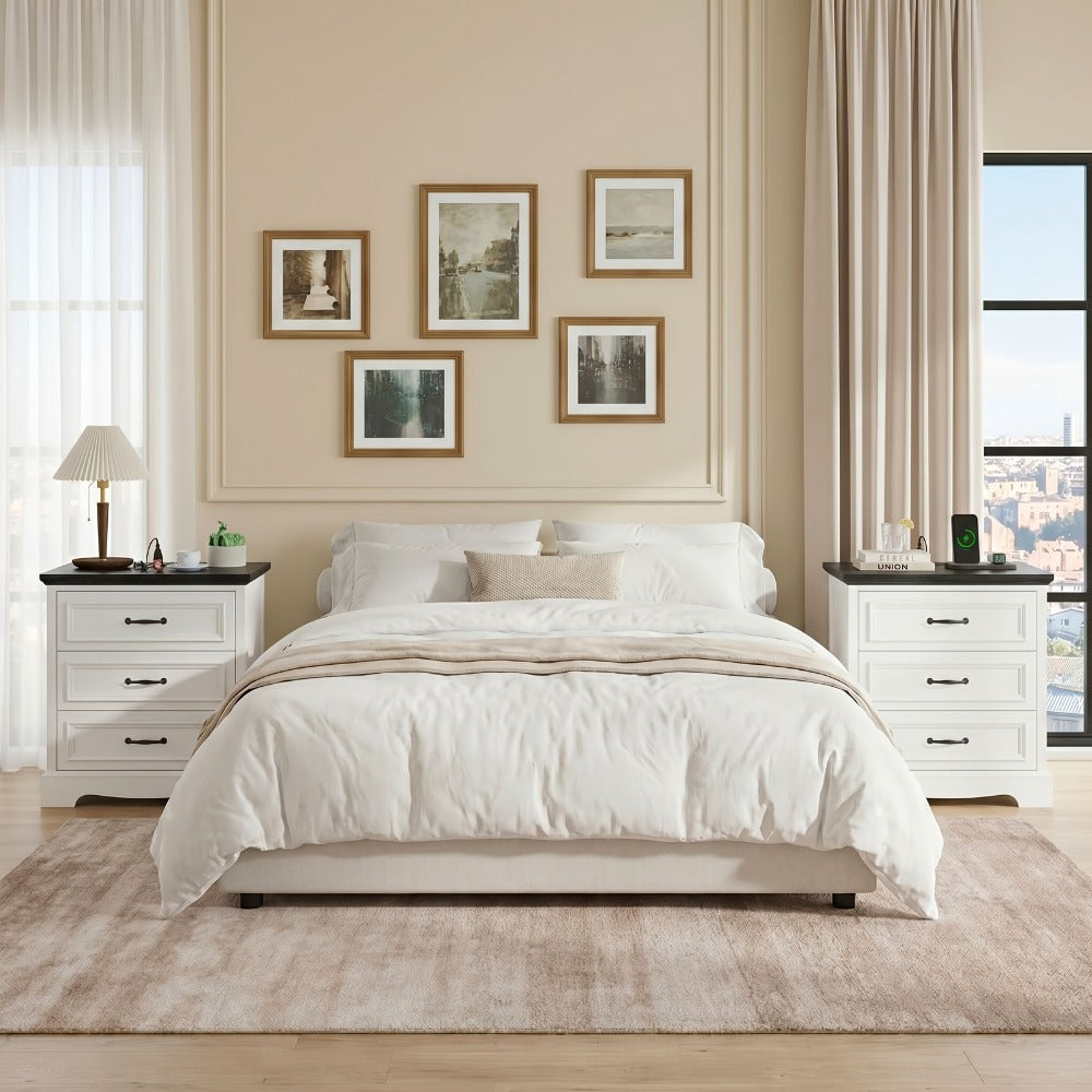 Nightstand Three-Drawer Bedside Storage Chest with Charging Station and Five Finish Options