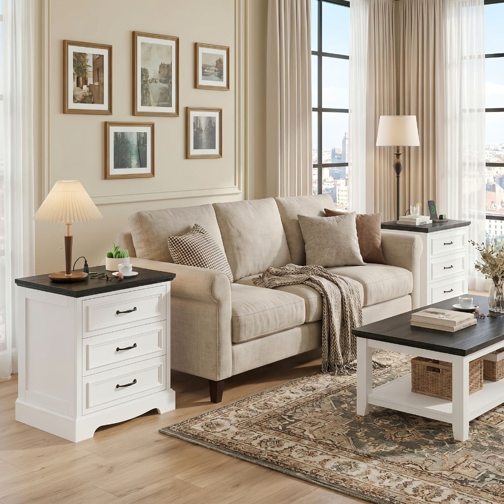 Nightstand Three-Drawer Bedside Storage Chest with Charging Station and Five Finish Options