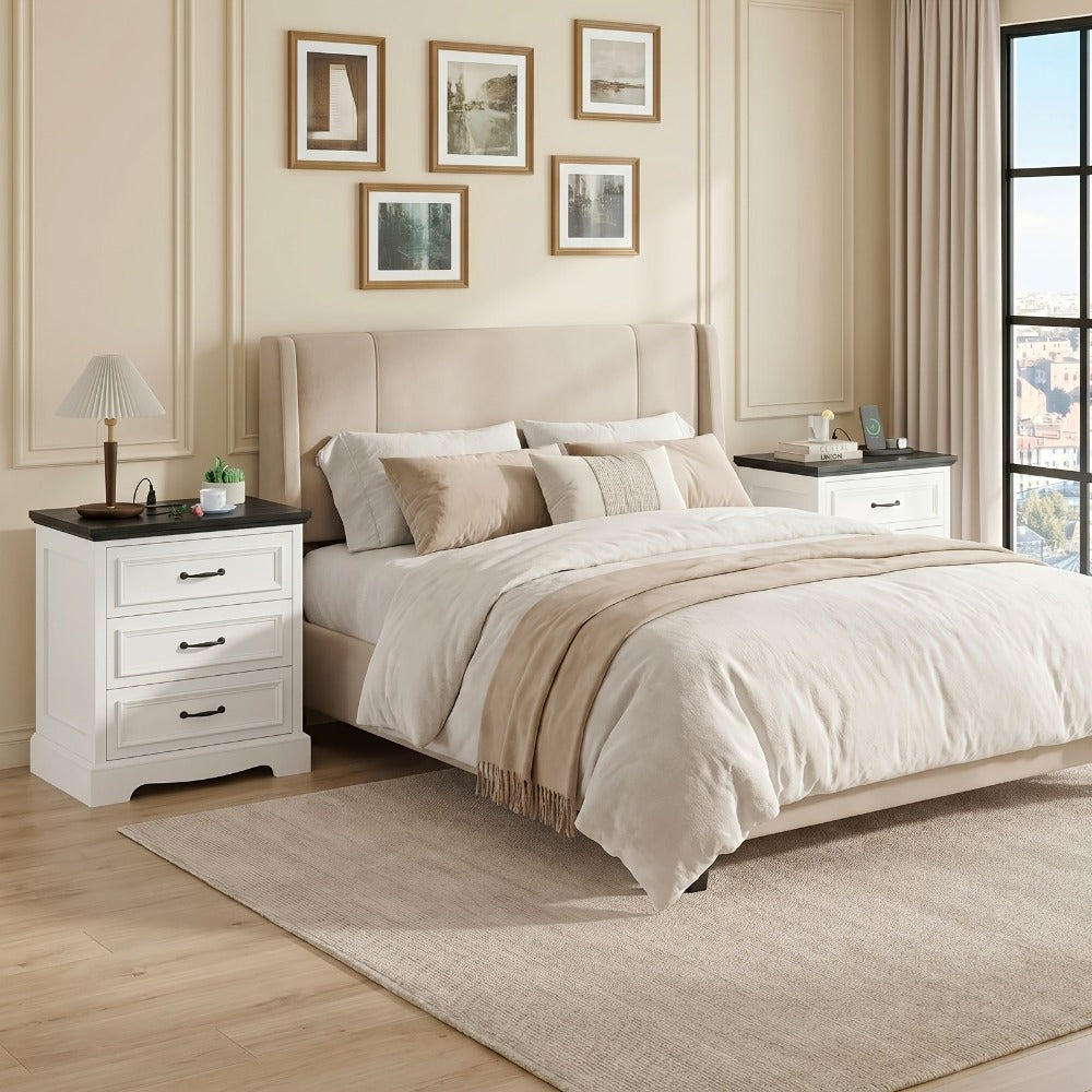 Nightstand Three-Drawer Bedside Storage Chest with Charging Station and Five Finish Options