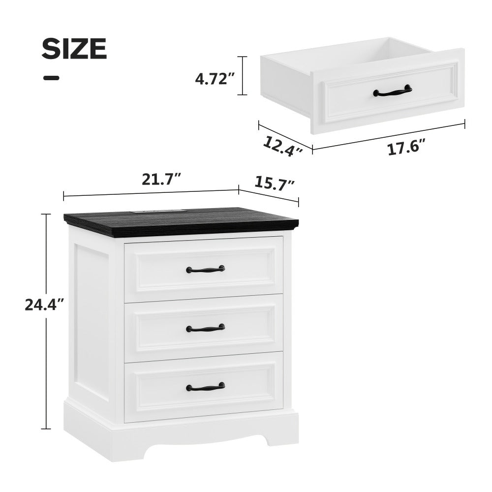 Nightstand Three-Drawer Bedside Storage Chest with Charging Station and Five Finish Options