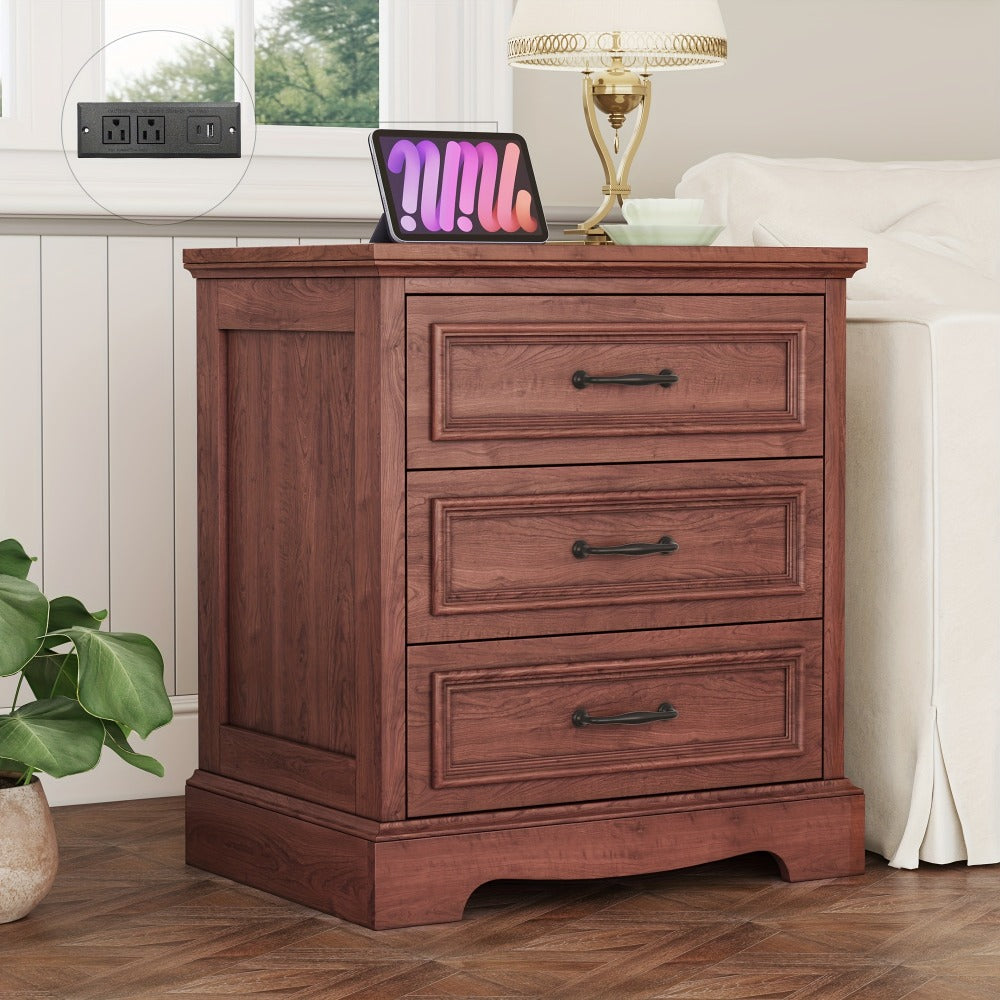 Nightstand Three-Drawer Bedside Storage Chest with Charging Station and Five Finish Options