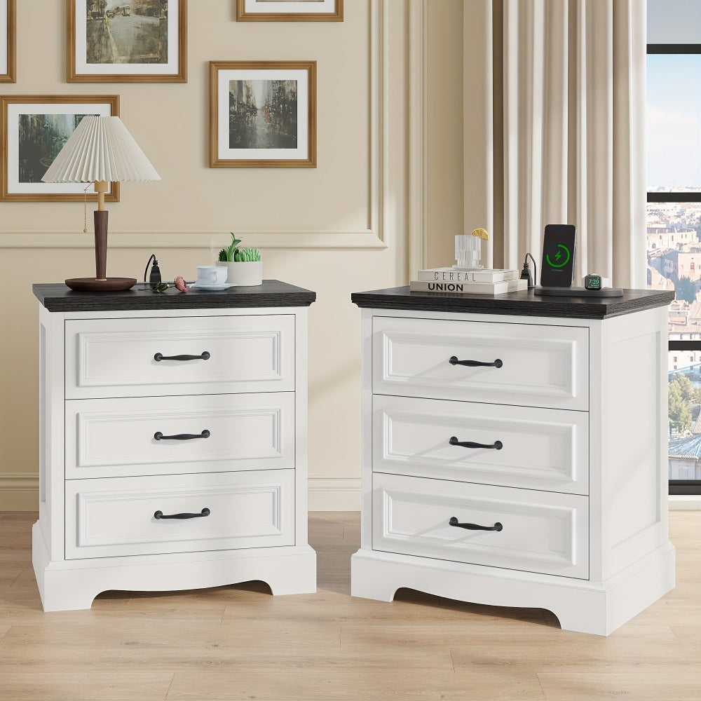 Nightstand Three-Drawer Bedside Storage Chest with Charging Station and Five Finish Options