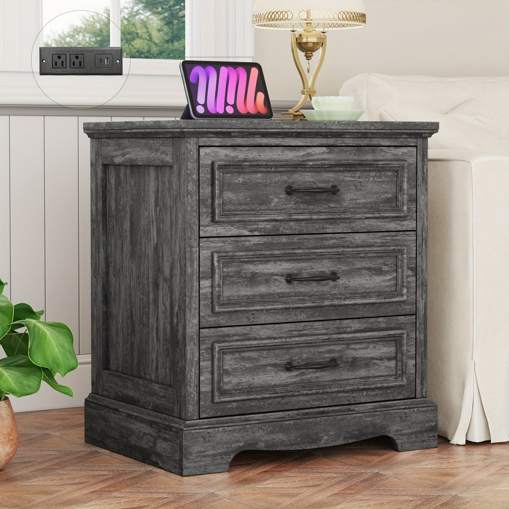 Nightstand Three-Drawer Bedside Storage Chest with Charging Station and Five Finish Options