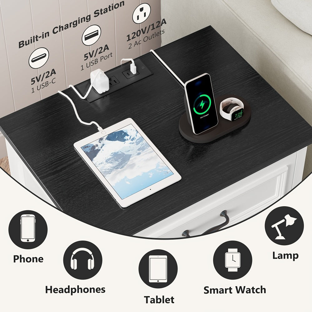 Nightstand Three-Drawer Bedside Storage Chest with Charging Station and Five Finish Options