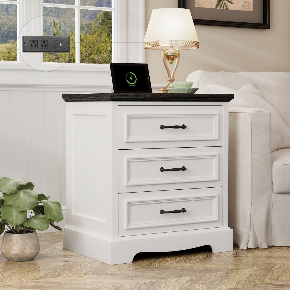 Nightstand Three-Drawer Bedside Storage Chest with Charging Station and Five Finish Options