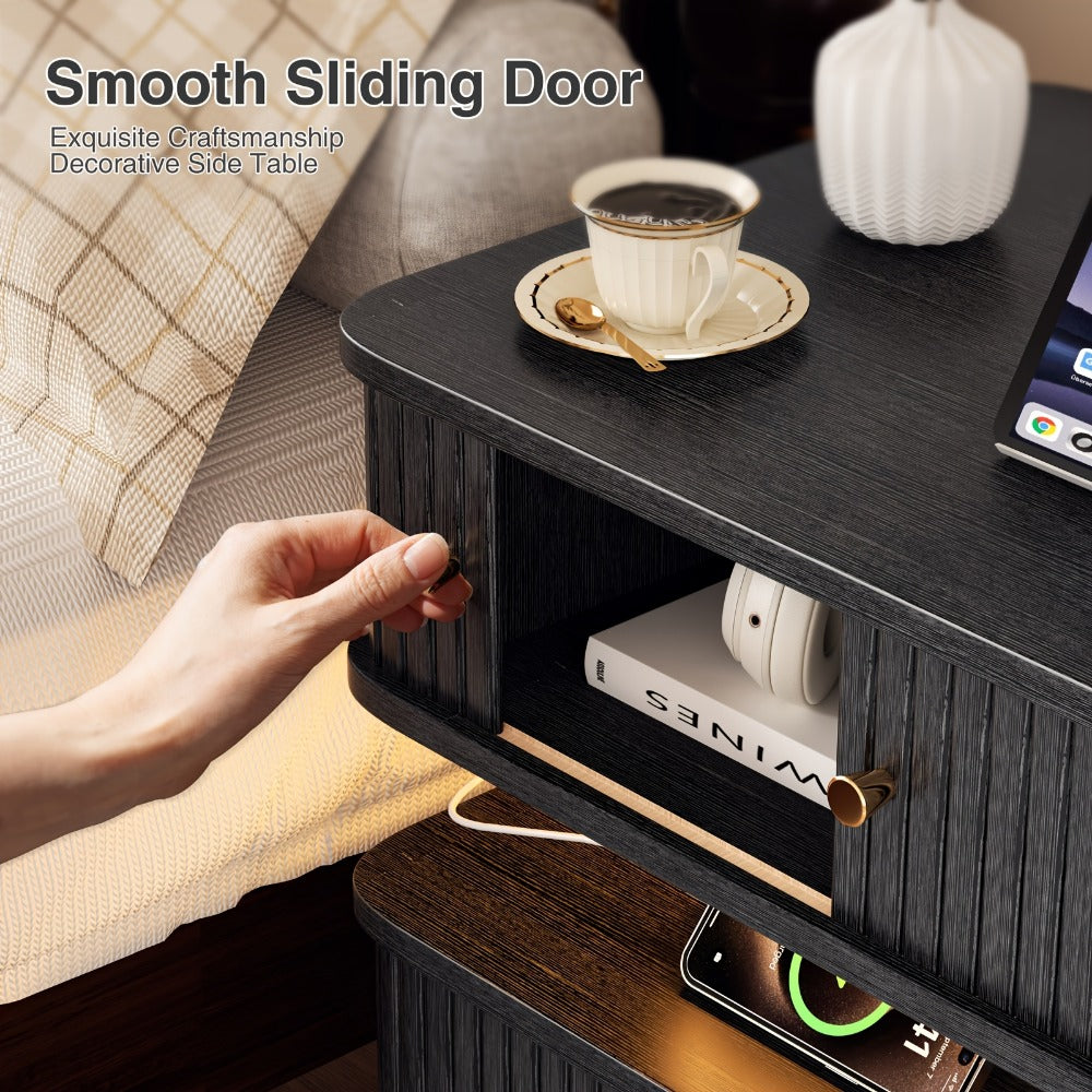 Nightstand Fluted Two-Drawer Bedside Table with Charging Hub, LED Light and Black or White Finish