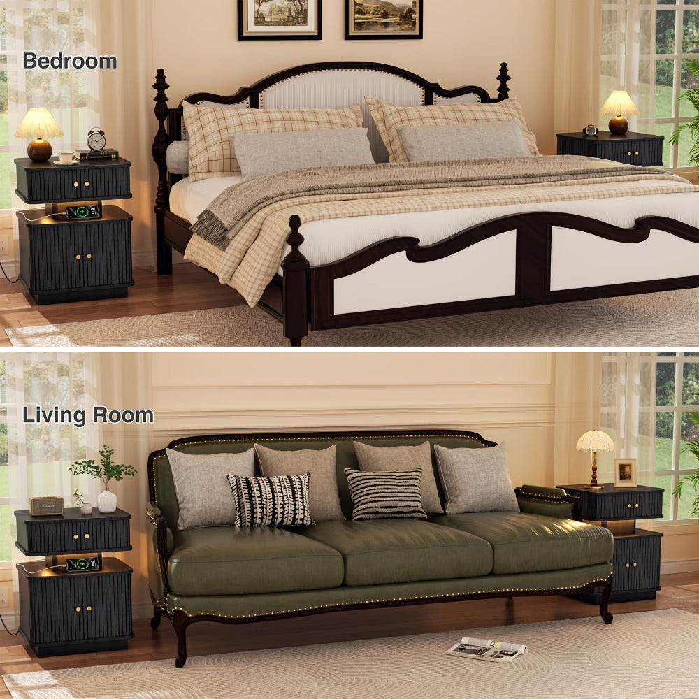 Nightstand Fluted Two-Drawer Bedside Table with Charging Hub, LED Light and Black or White Finish