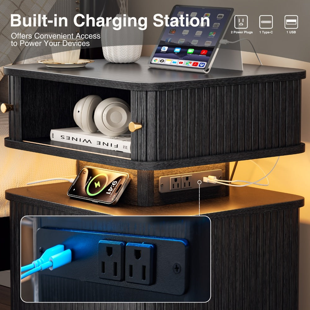 Nightstand Fluted Two-Drawer Bedside Table with Charging Hub, LED Light and Black or White Finish