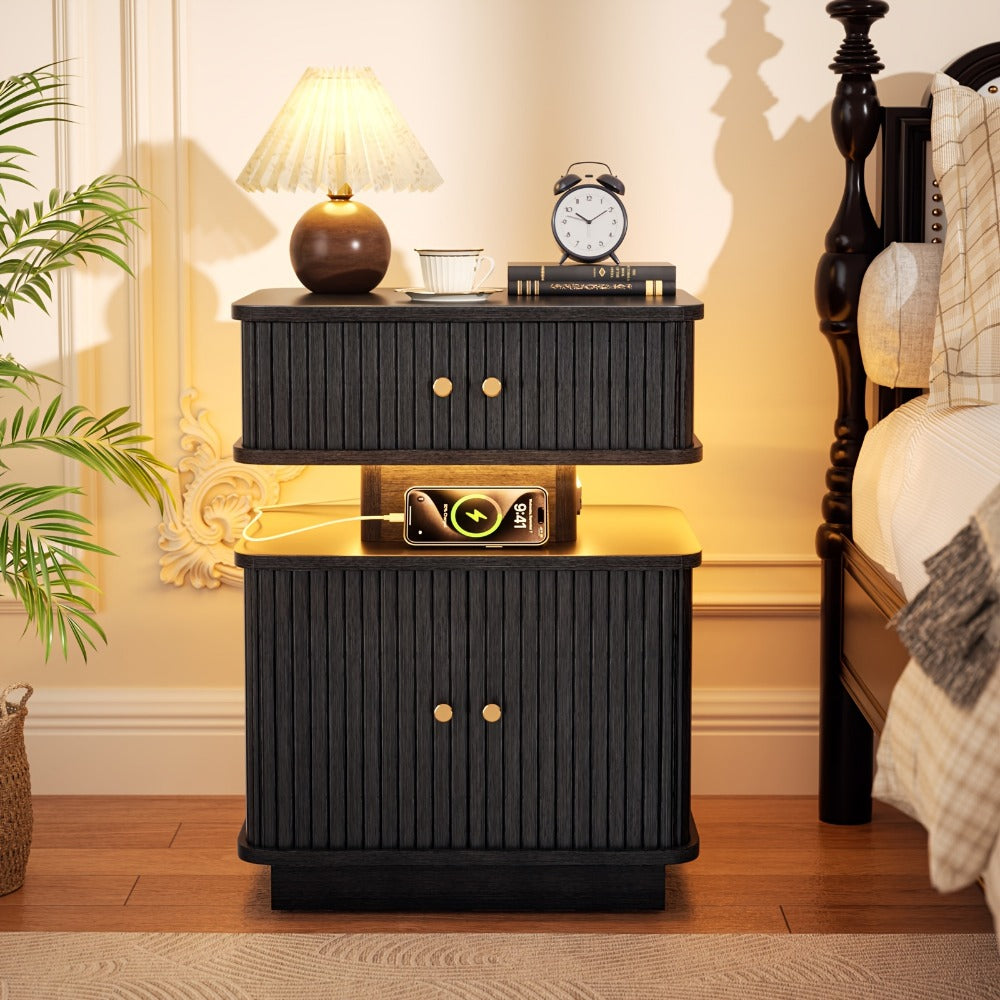 Nightstand Fluted Two-Drawer Bedside Table with Charging Hub, LED Light and Black or White Finish