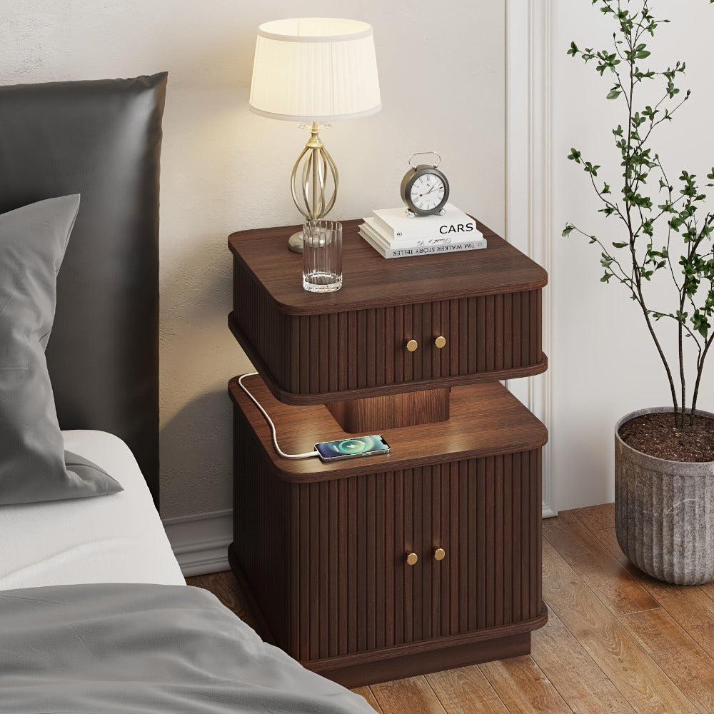 Nightstand Fluted Two-Drawer Bedside Table with Charging Hub, LED Light and Black or White Finish