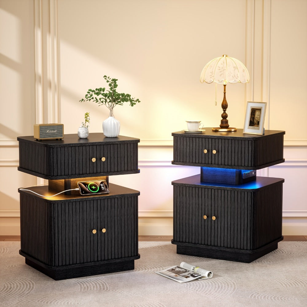 Nightstand Fluted Two-Drawer Bedside Table with Charging Hub, LED Light and Black or White Finish