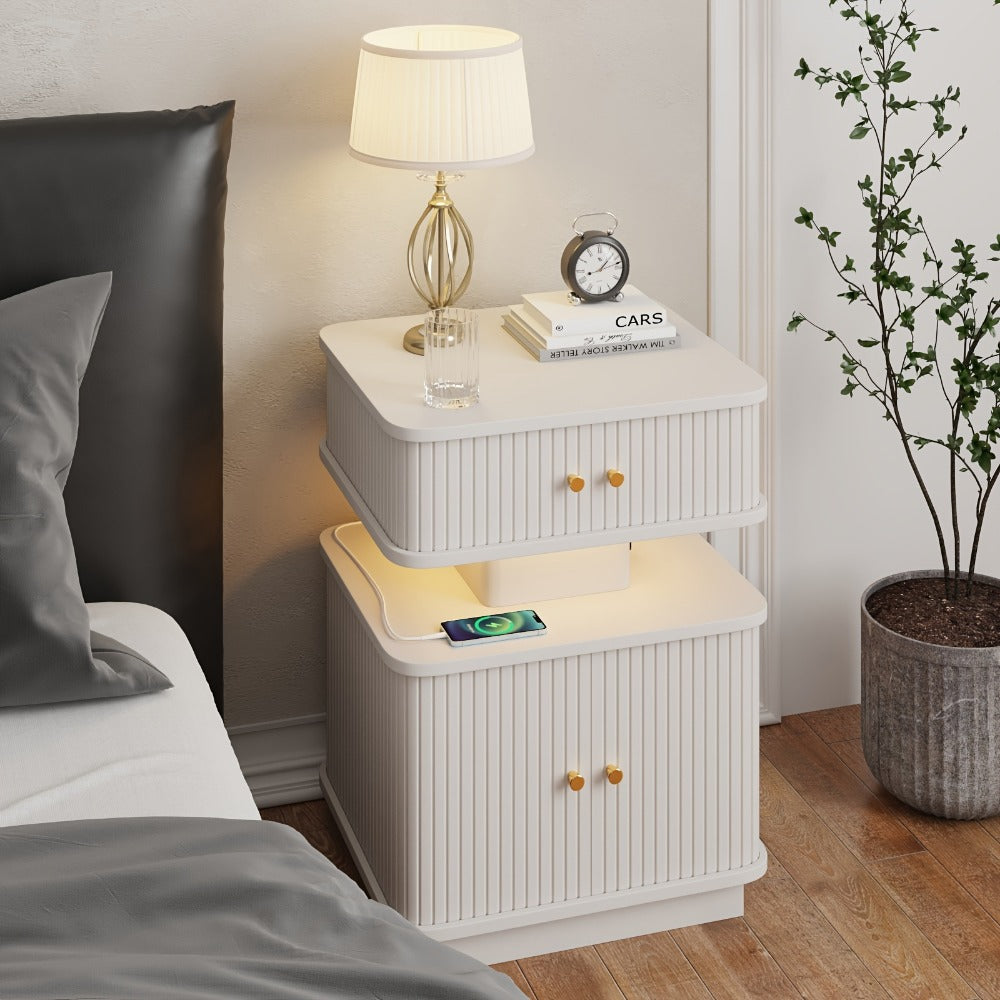 Nightstand Fluted Two-Drawer Bedside Table with Charging Hub, LED Light and Black or White Finish