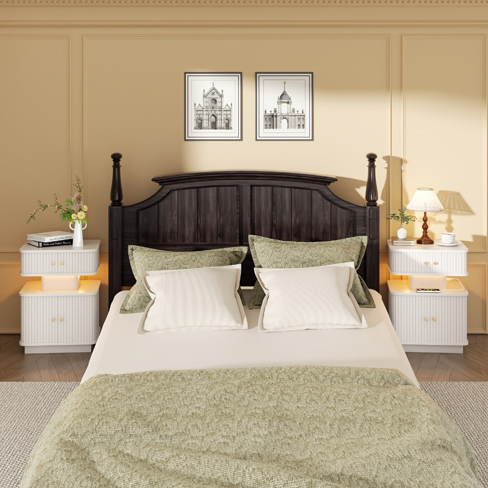 Nightstand Fluted Two-Drawer Bedside Table with Charging Hub, LED Light and Black or White Finish