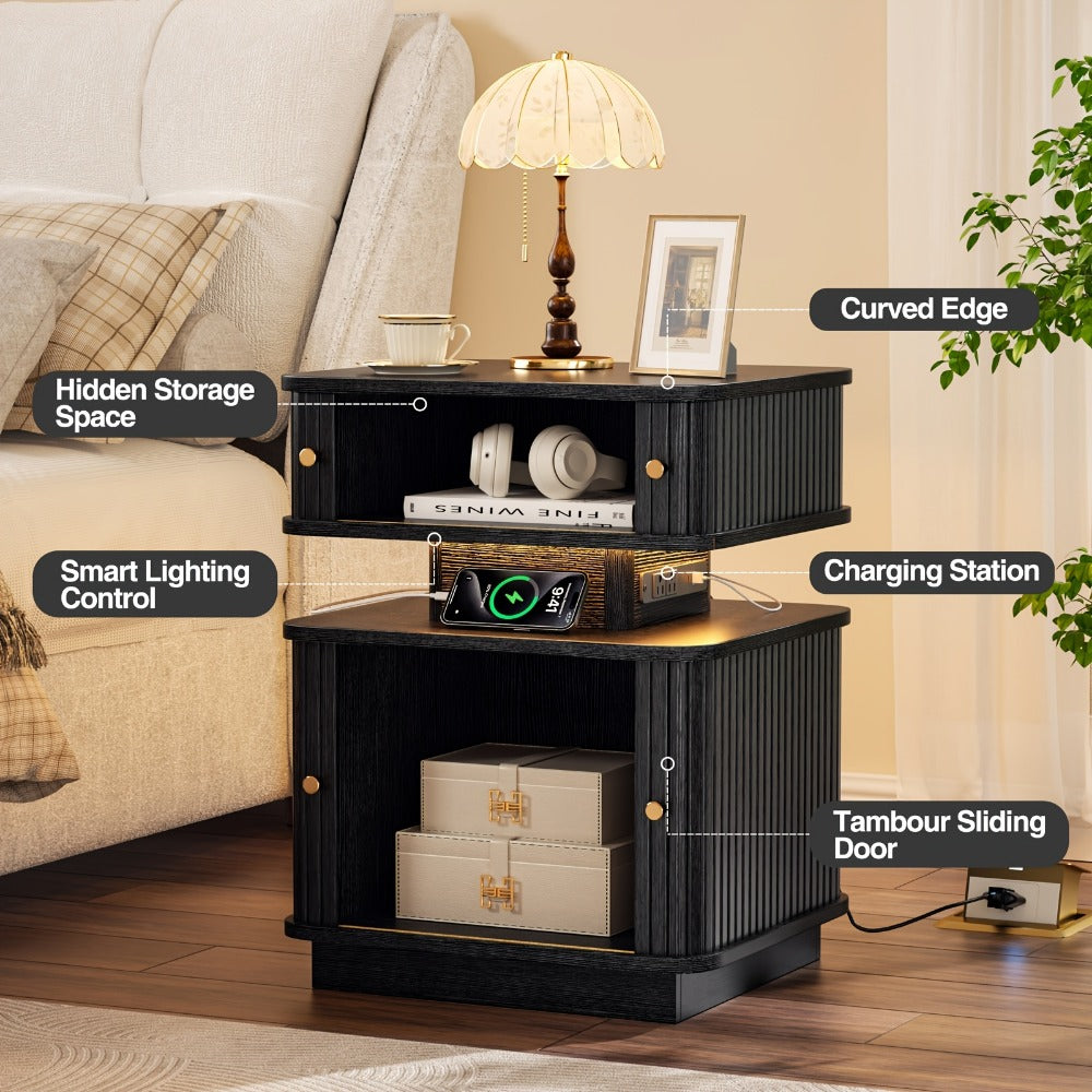 Nightstand Fluted Two-Drawer Bedside Table with Charging Hub, LED Light and Black or White Finish