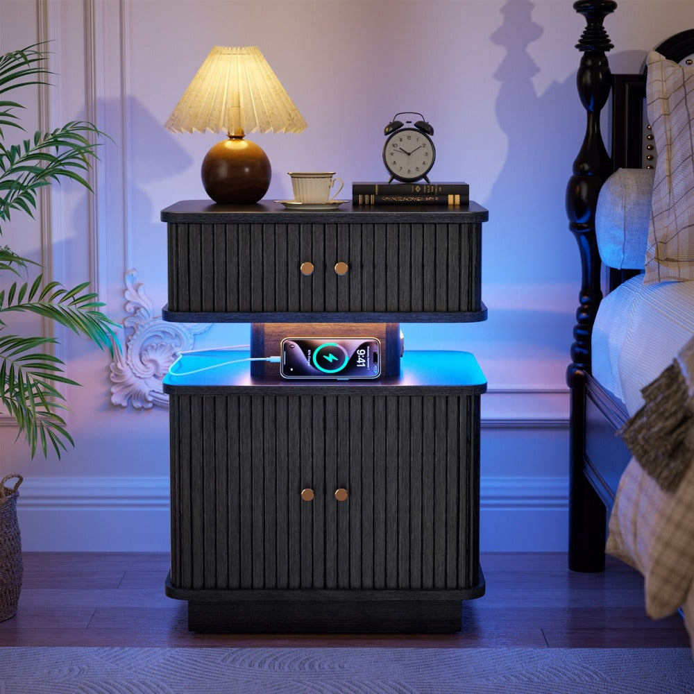 Nightstand Fluted Two-Drawer Bedside Table with Charging Hub, LED Light and Black or White Finish