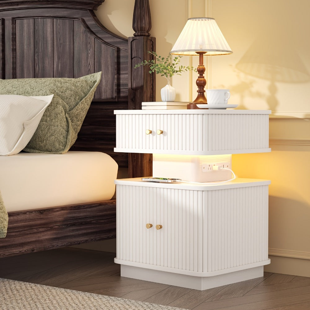 Nightstand Fluted Two-Drawer Bedside Table with Charging Hub, LED Light and Black or White Finish