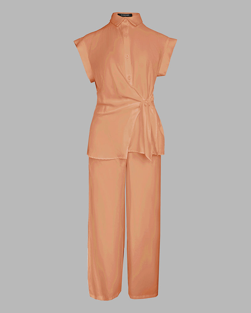 2 Pieces Outfit Turn-down Collar Cap Sleeve Button Front Tied Detail Top and Casual Zipper Fly Elastic Back Waist Wide-Leg Pants Set