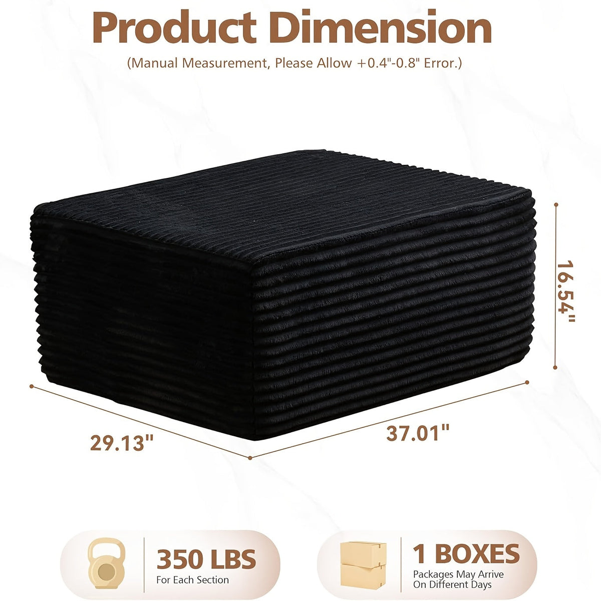 Ottoman Foam-Filled Corduroy Block, 37.01-Inch Width with No-Leg Profile and Nine Color Options