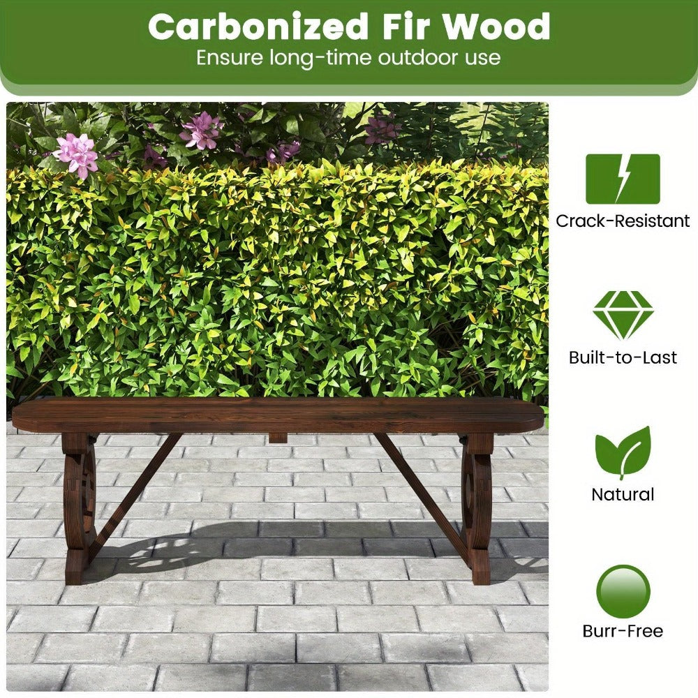 Backless Fir Wood Outdoor Bench with 47in Slatted Seat, Wagon-Wheel Side Frames and Rustic Brown Finish