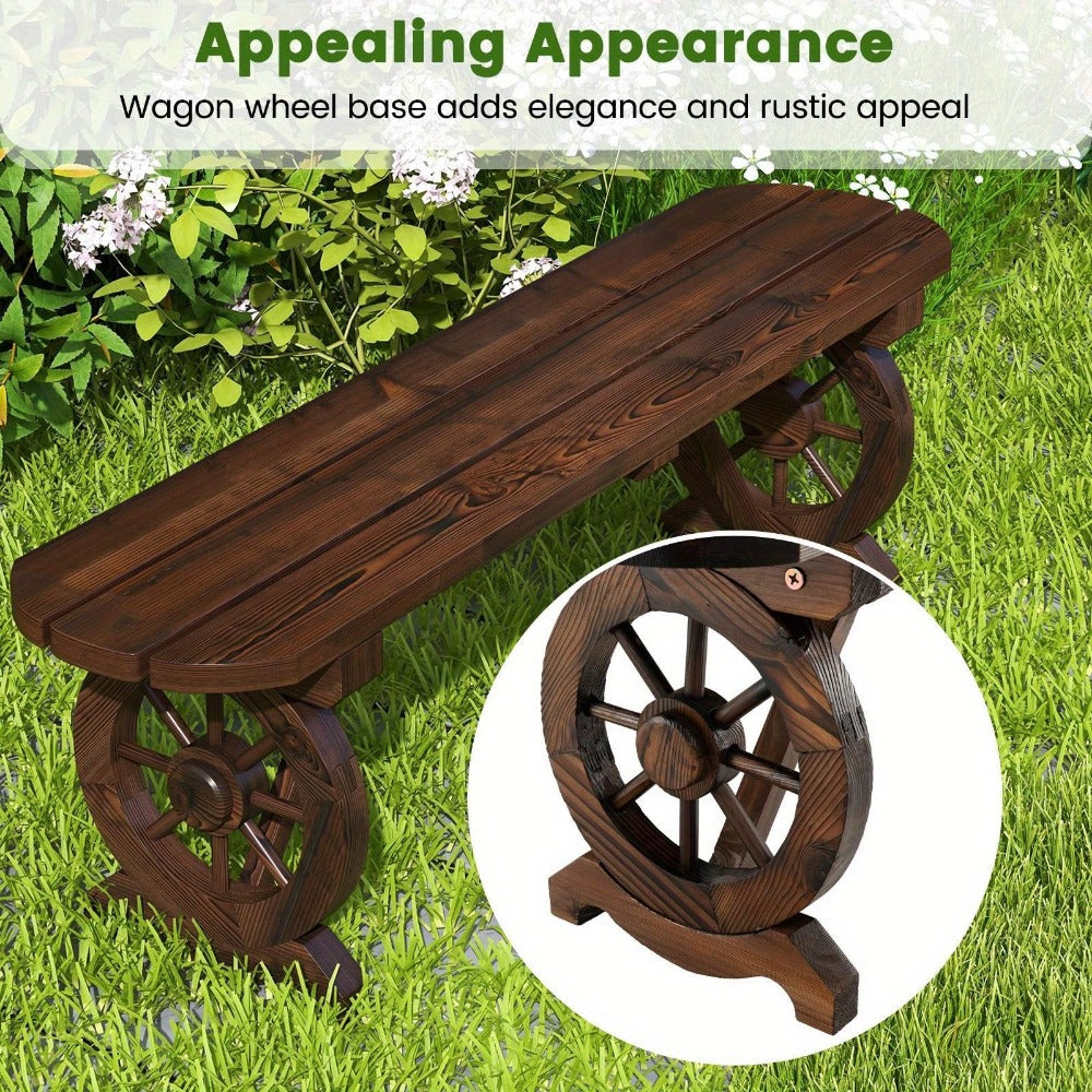 Backless Fir Wood Outdoor Bench with 47in Slatted Seat, Wagon-Wheel Side Frames and Rustic Brown Finish