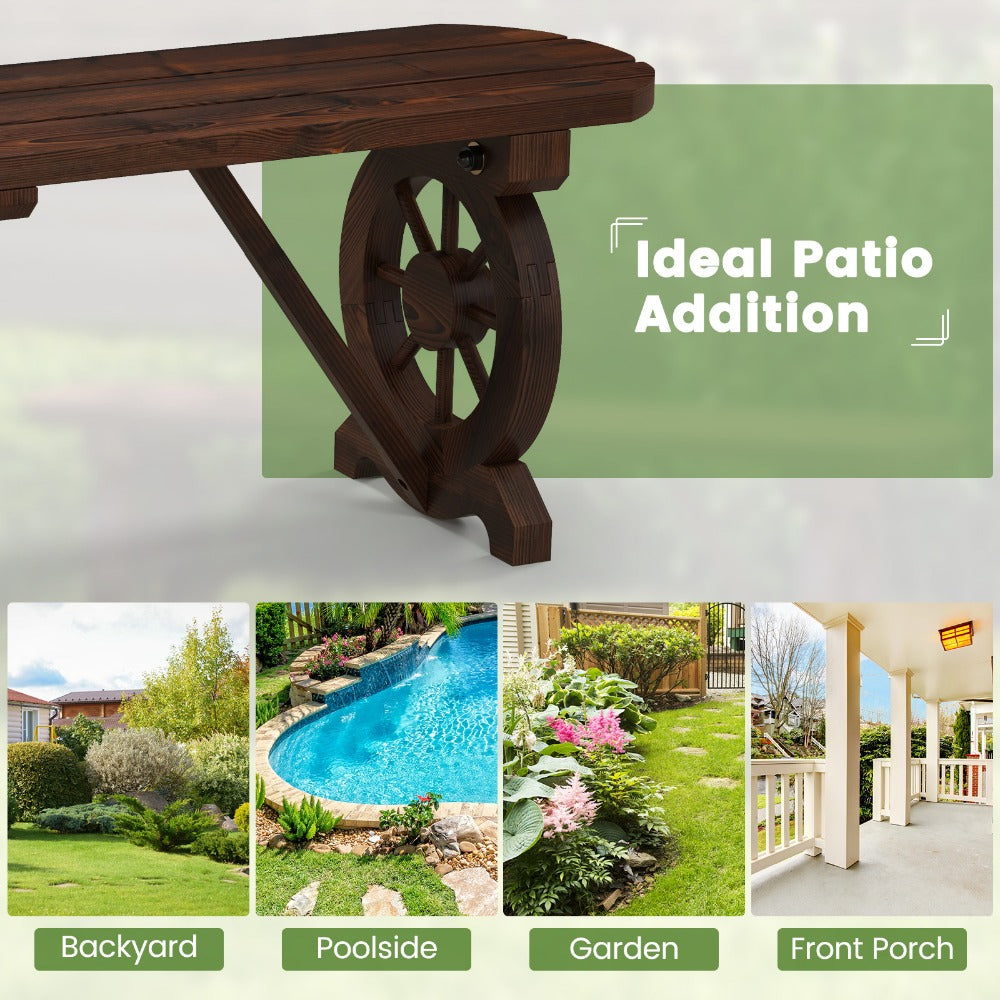 Backless Fir Wood Outdoor Bench with 47in Slatted Seat, Wagon-Wheel Side Frames and Rustic Brown Finish
