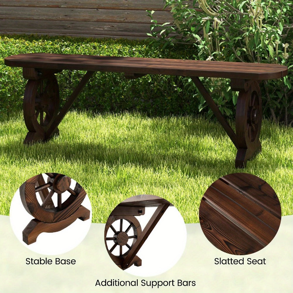 Backless Fir Wood Outdoor Bench with 47in Slatted Seat, Wagon-Wheel Side Frames and Rustic Brown Finish