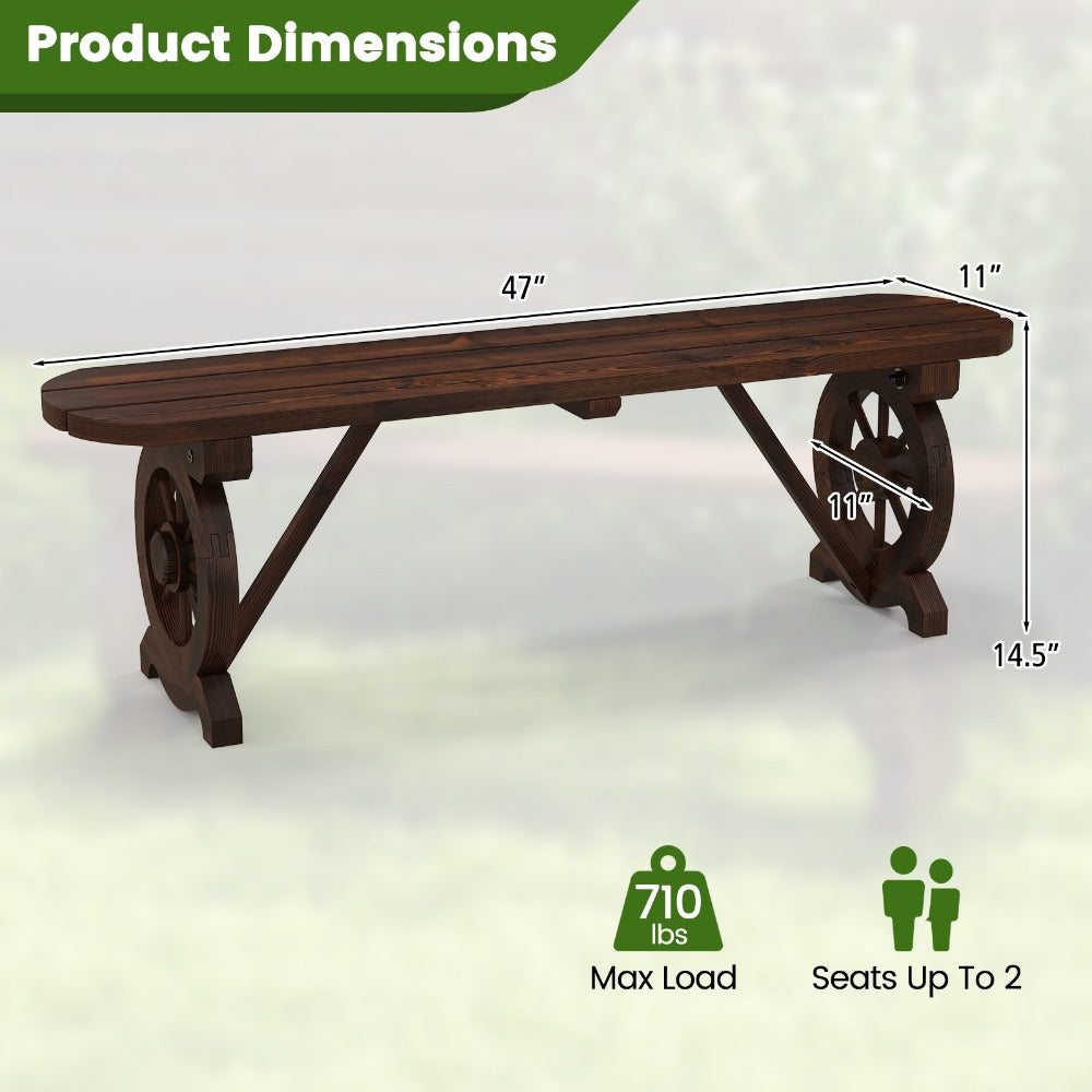 Backless Fir Wood Outdoor Bench with 47in Slatted Seat, Wagon-Wheel Side Frames and Rustic Brown Finish