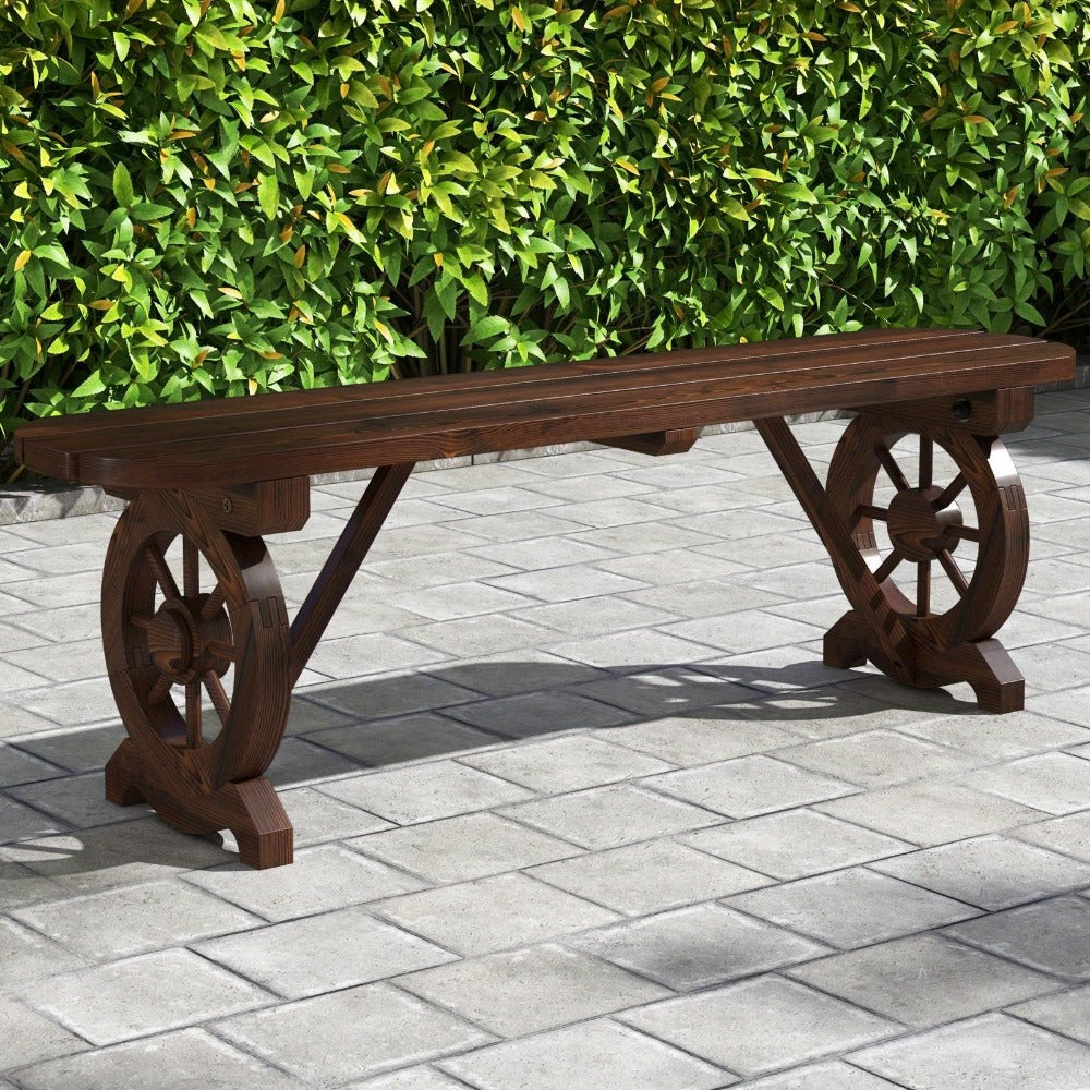 Backless Fir Wood Outdoor Bench with 47in Slatted Seat, Wagon-Wheel Side Frames and Rustic Brown Finish