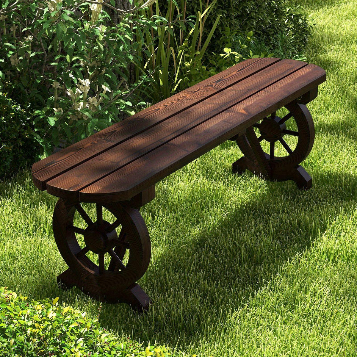 Backless Fir Wood Outdoor Bench with 47in Slatted Seat, Wagon-Wheel Side Frames and Rustic Brown Finish