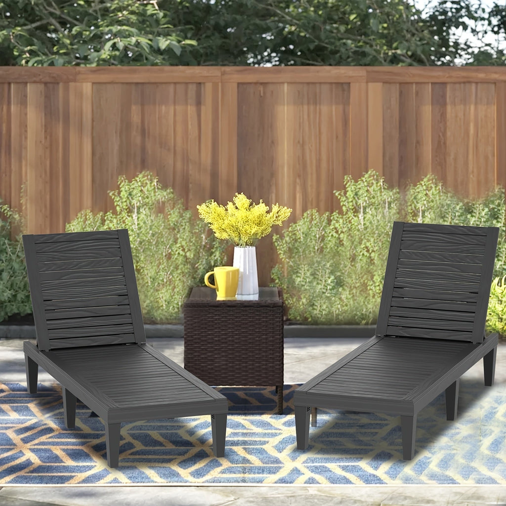 Adjustable 5-Position Resin Outdoor Chaise Lounge with Wood-Look Slats and Black or Light Brown 1- or 2-Chair Options