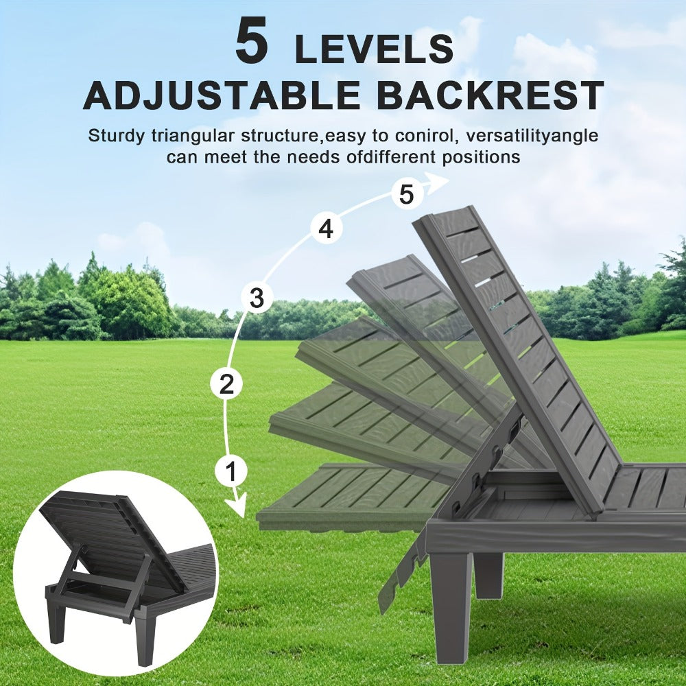 Adjustable 5-Position Resin Outdoor Chaise Lounge with Wood-Look Slats and Black or Light Brown 1- or 2-Chair Options