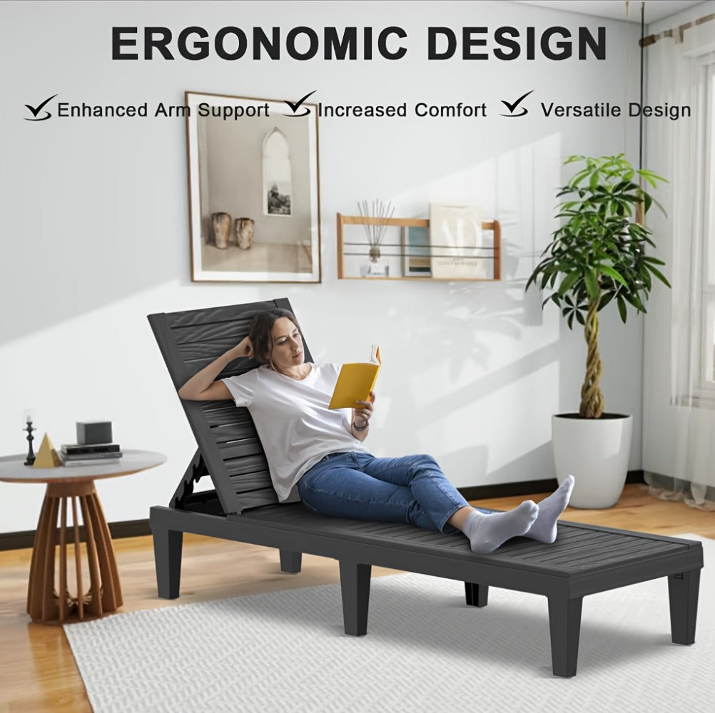 Adjustable 5-Position Resin Outdoor Chaise Lounge with Wood-Look Slats and Black or Light Brown 1- or 2-Chair Options