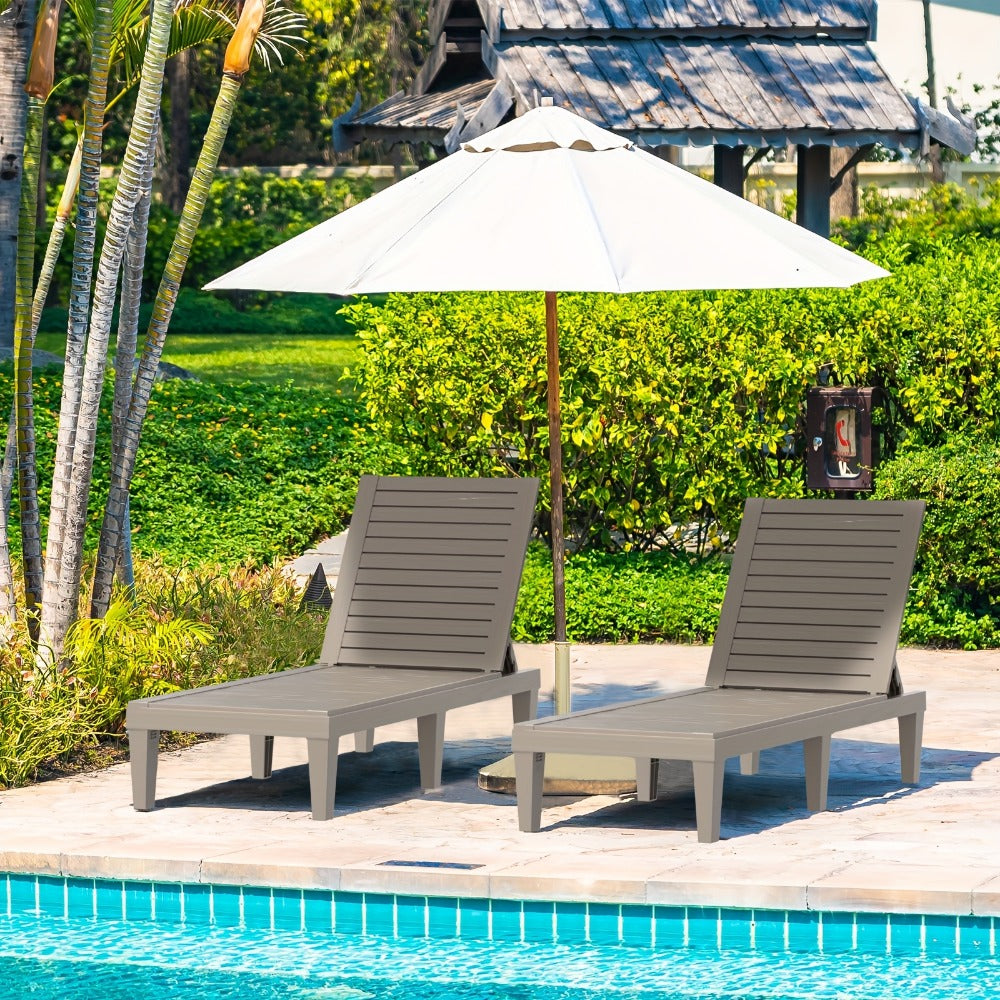 Adjustable 5-Position Resin Outdoor Chaise Lounge with Wood-Look Slats and Black or Light Brown 1- or 2-Chair Options