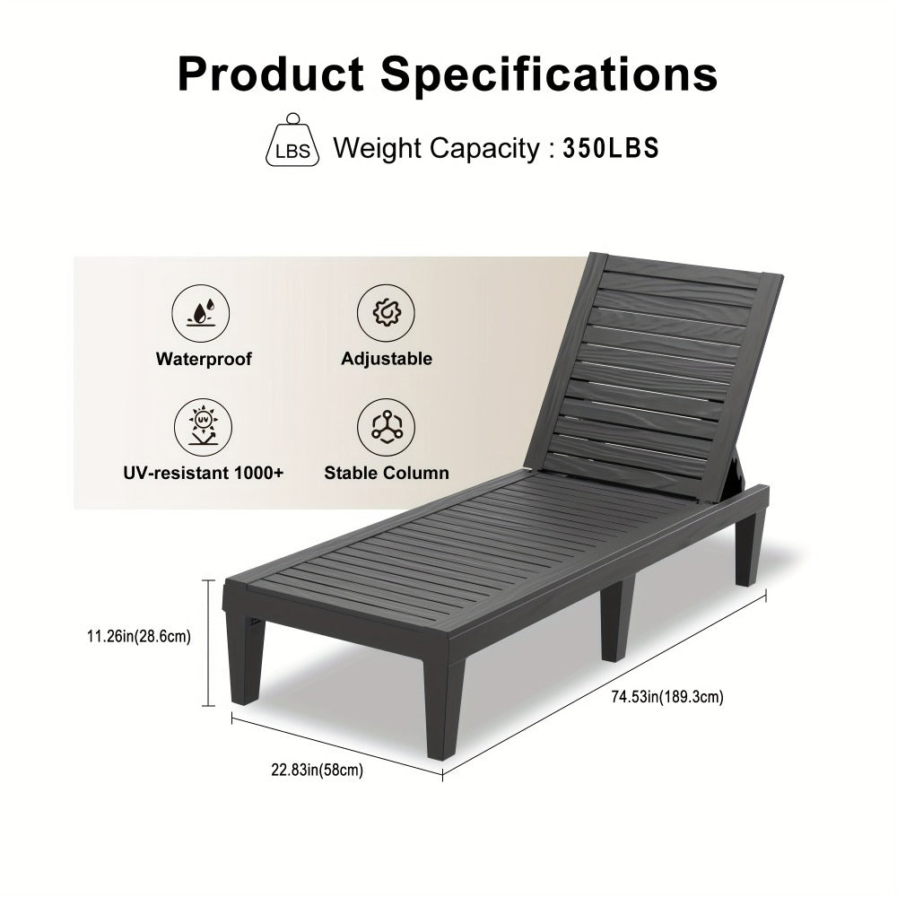 Adjustable 5-Position Resin Outdoor Chaise Lounge with Wood-Look Slats and Black or Light Brown 1- or 2-Chair Options