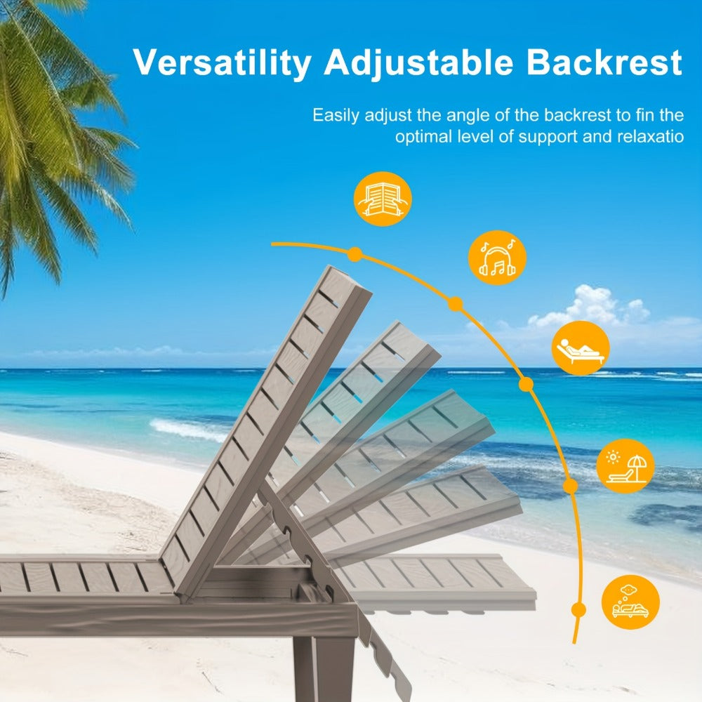 Adjustable 5-Position Resin Outdoor Chaise Lounge with Wood-Look Slats and Black or Light Brown 1- or 2-Chair Options