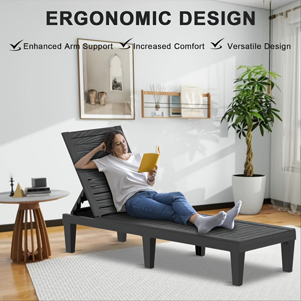 Adjustable 5-Position Resin Outdoor Chaise Lounge with Wood-Look Slats and Black or Light Brown 1- or 2-Chair Options