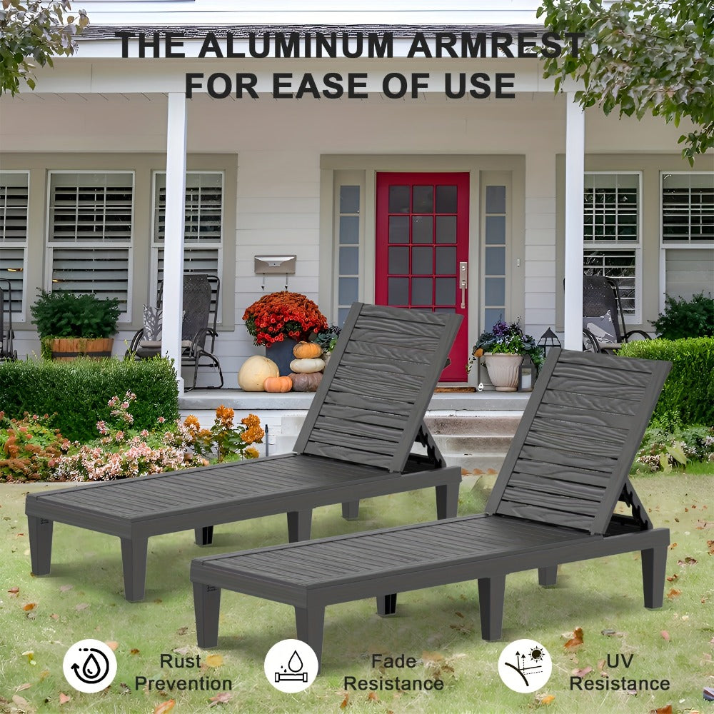 Adjustable 5-Position Resin Outdoor Chaise Lounge with Wood-Look Slats and Black or Light Brown 1- or 2-Chair Options
