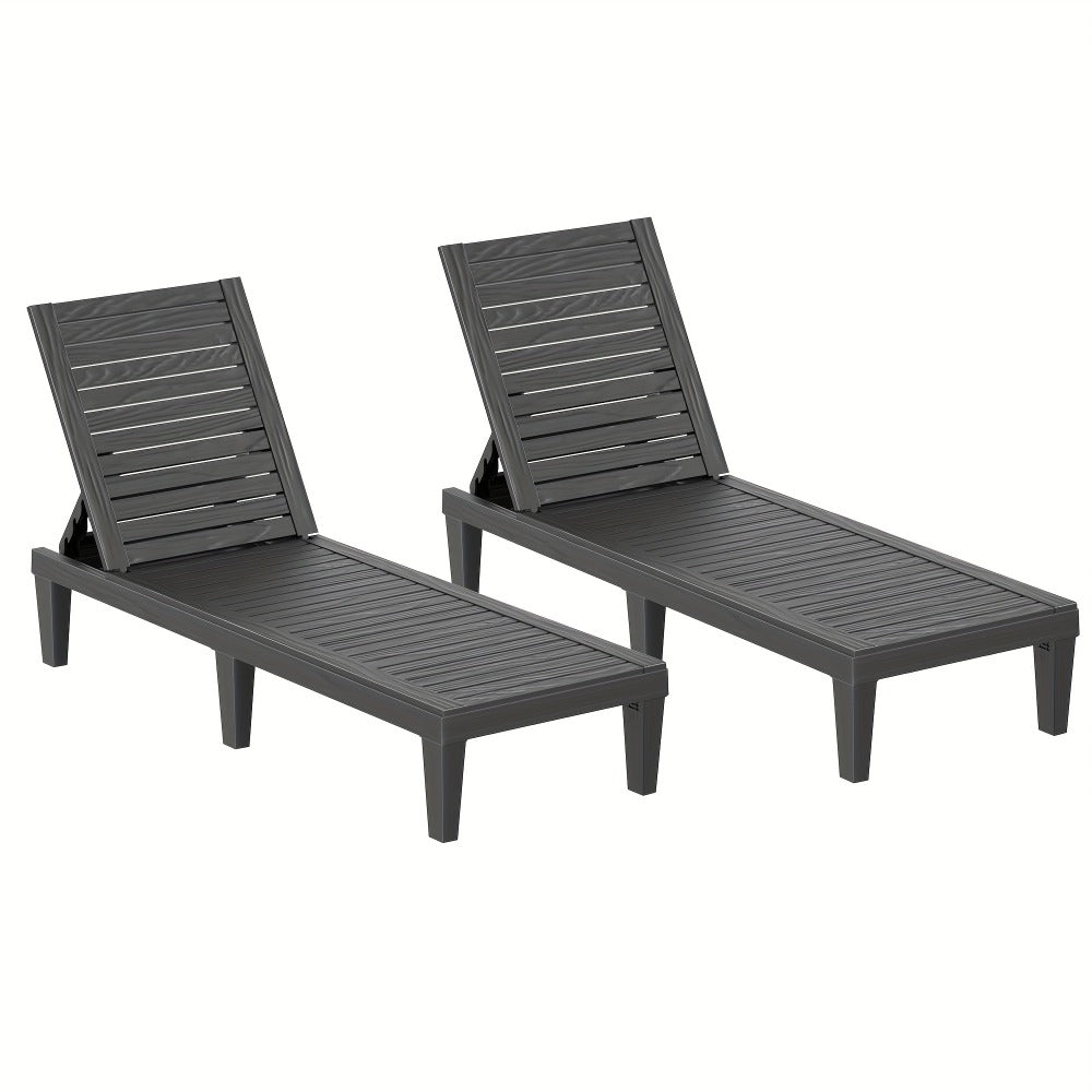 Adjustable 5-Position Resin Outdoor Chaise Lounge with Wood-Look Slats and Black or Light Brown 1- or 2-Chair Options