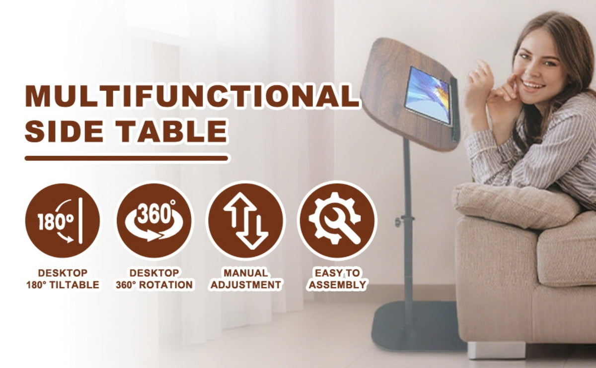 Side Table C-Shaped with 360-Degree Rotation, 180-Degree Flip Top and Four-Step Assembly with Model-Specific Finish and Structure Options