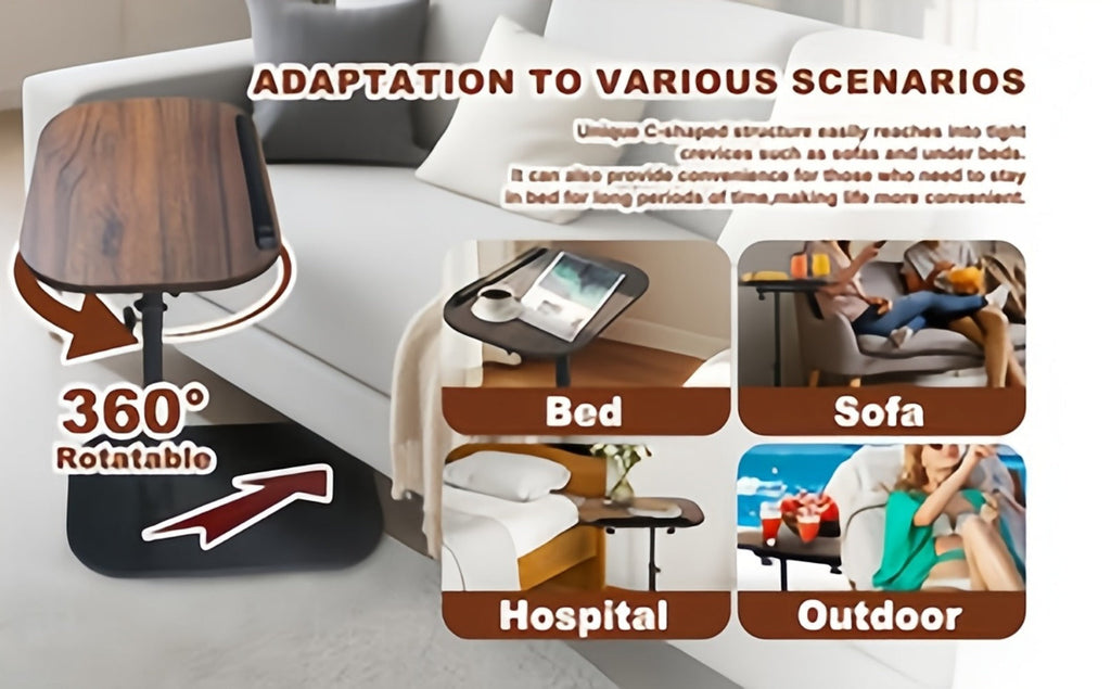 Side Table C-Shaped with 360-Degree Rotation, 180-Degree Flip Top and Four-Step Assembly with Model-Specific Finish and Structure Options