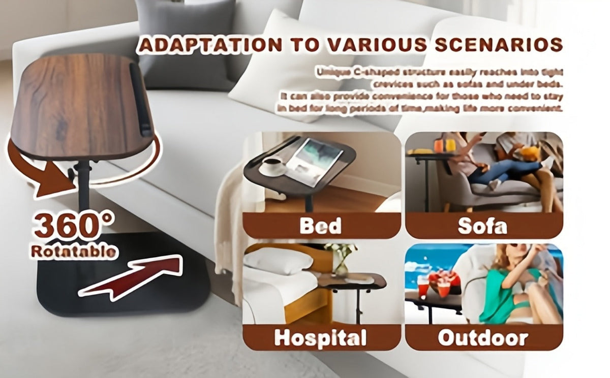 Side Table C-Shaped with 360-Degree Rotation, 180-Degree Flip Top and Four-Step Assembly with Model-Specific Finish and Structure Options