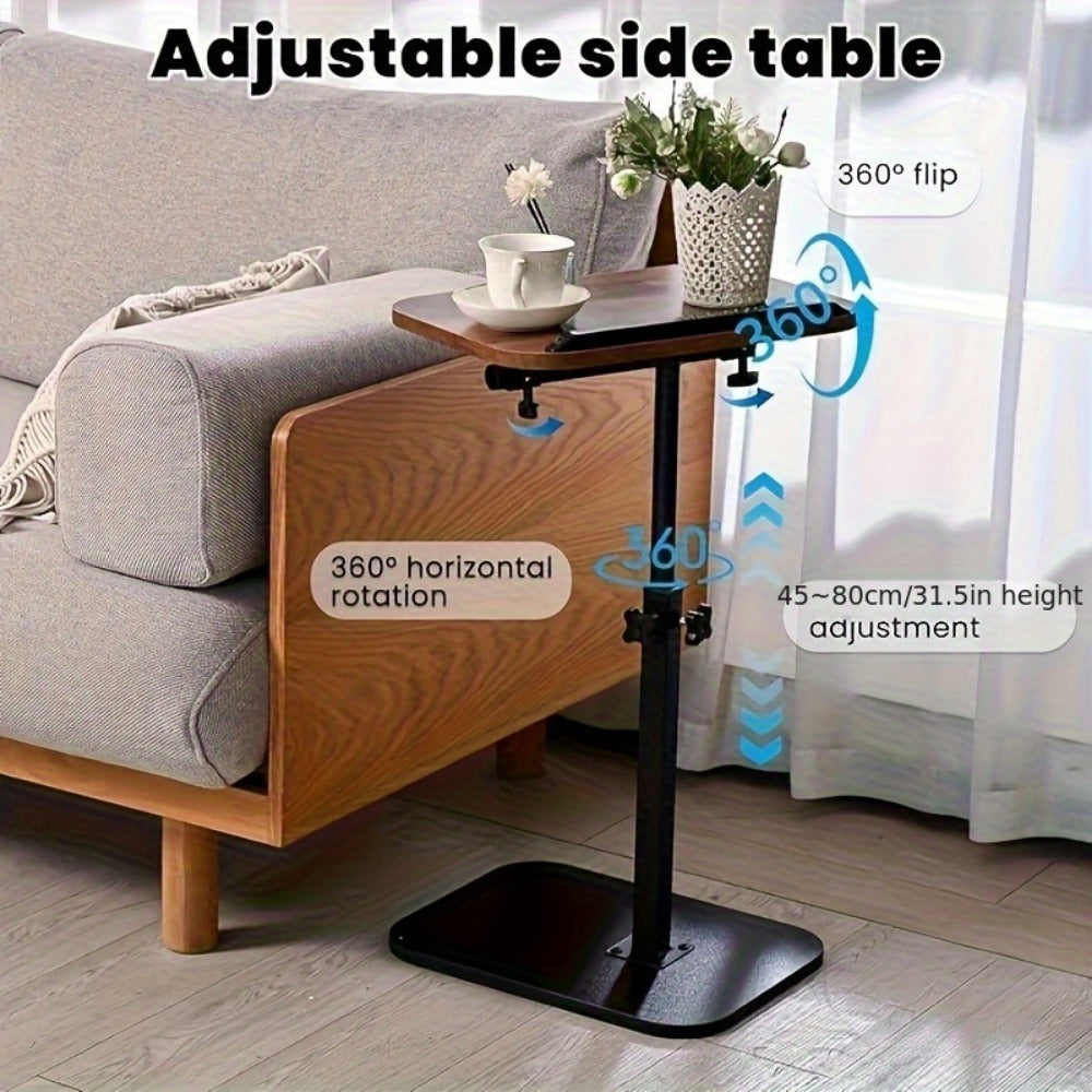 Side Table C-Shaped Wood-Look Top and Iron Frame with Adjustable Height in Black or Walnut Finish