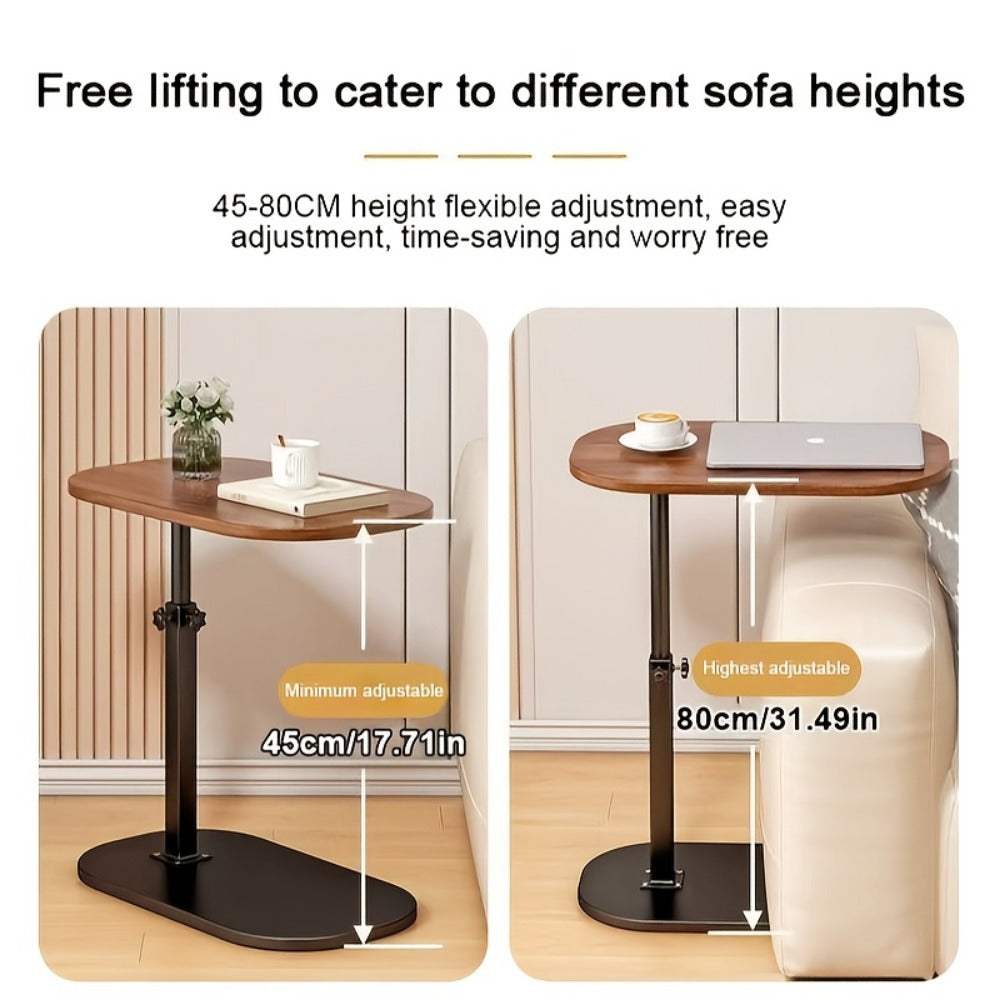 Side Table C-Shaped Wood-Look Top and Iron Frame with Adjustable Height in Black or Walnut Finish
