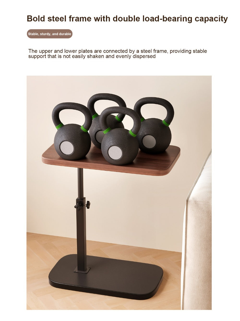 Side Table C-Shaped Wood-Look Top and Iron Frame with Adjustable Height in Black or Walnut Finish
