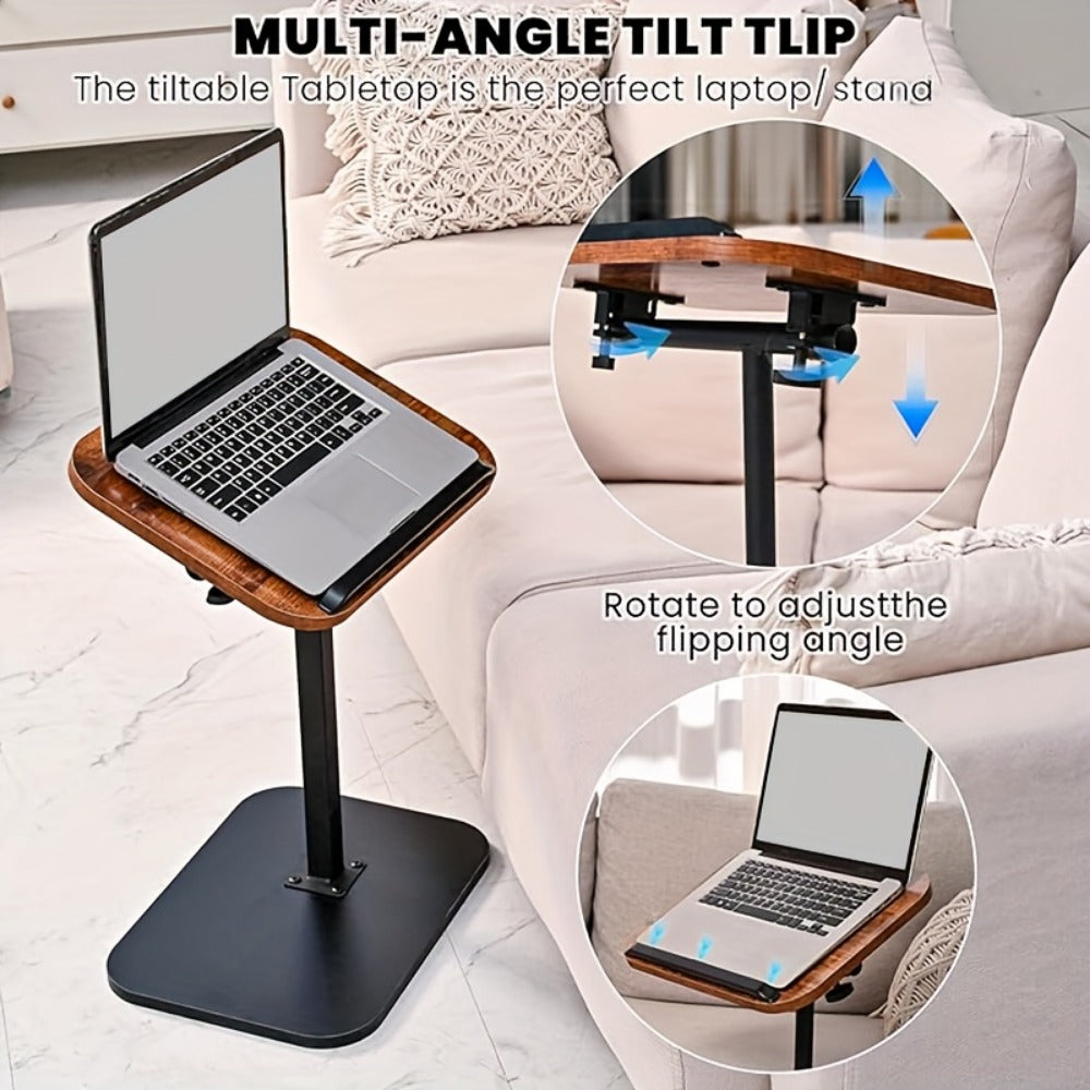 Side Table C-Shaped Wood-Look Top and Iron Frame with Adjustable Height in Black or Walnut Finish