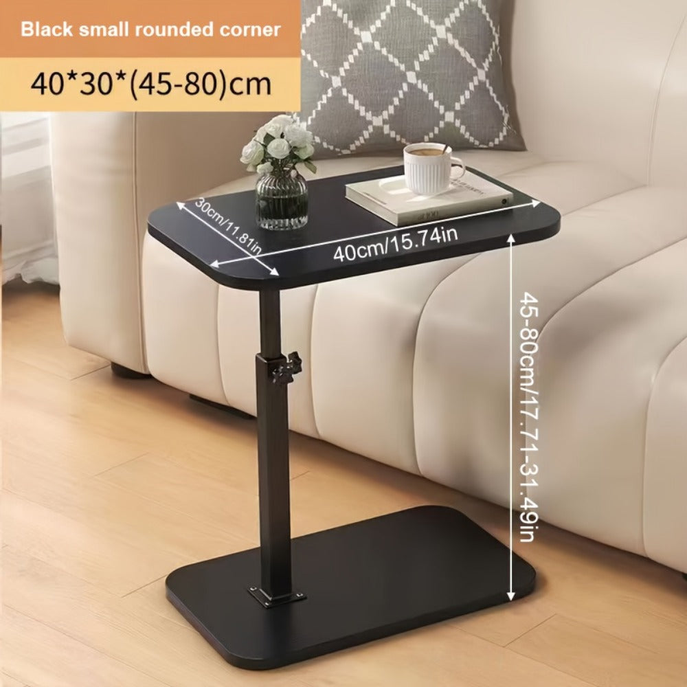 Side Table C-Shaped Wood-Look Top and Iron Frame with Adjustable Height in Black or Walnut Finish