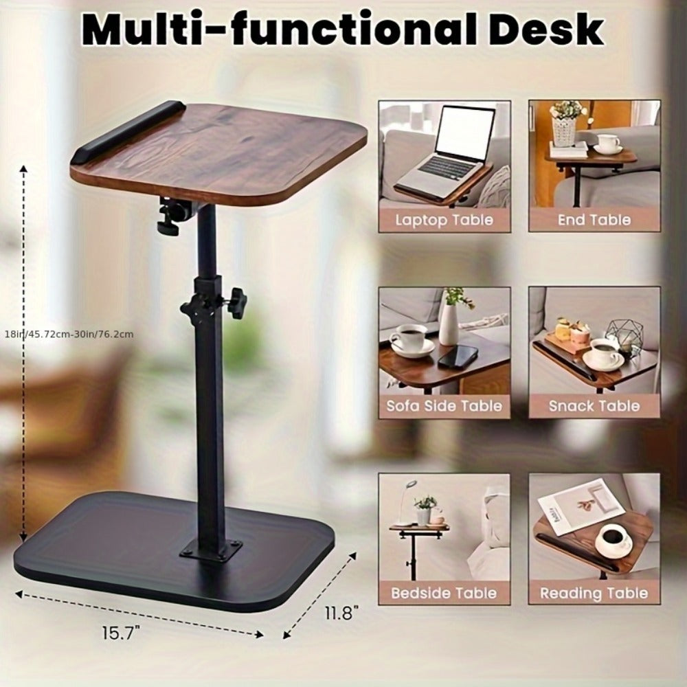Side Table C-Shaped Wood-Look Top and Iron Frame with Adjustable Height in Black or Walnut Finish
