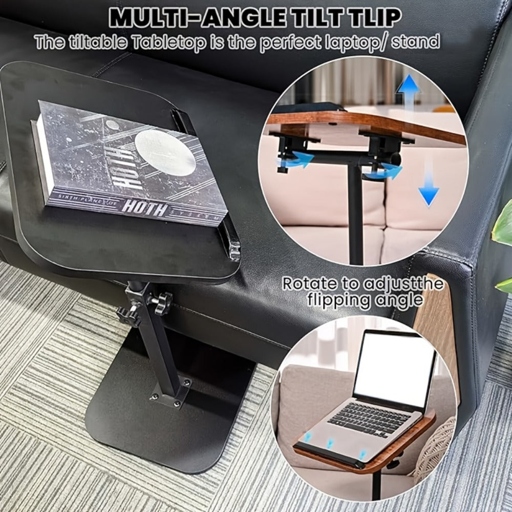 Side Table C-Shaped Wood-Look Top and Iron Frame with Adjustable Height in Black or Walnut Finish
