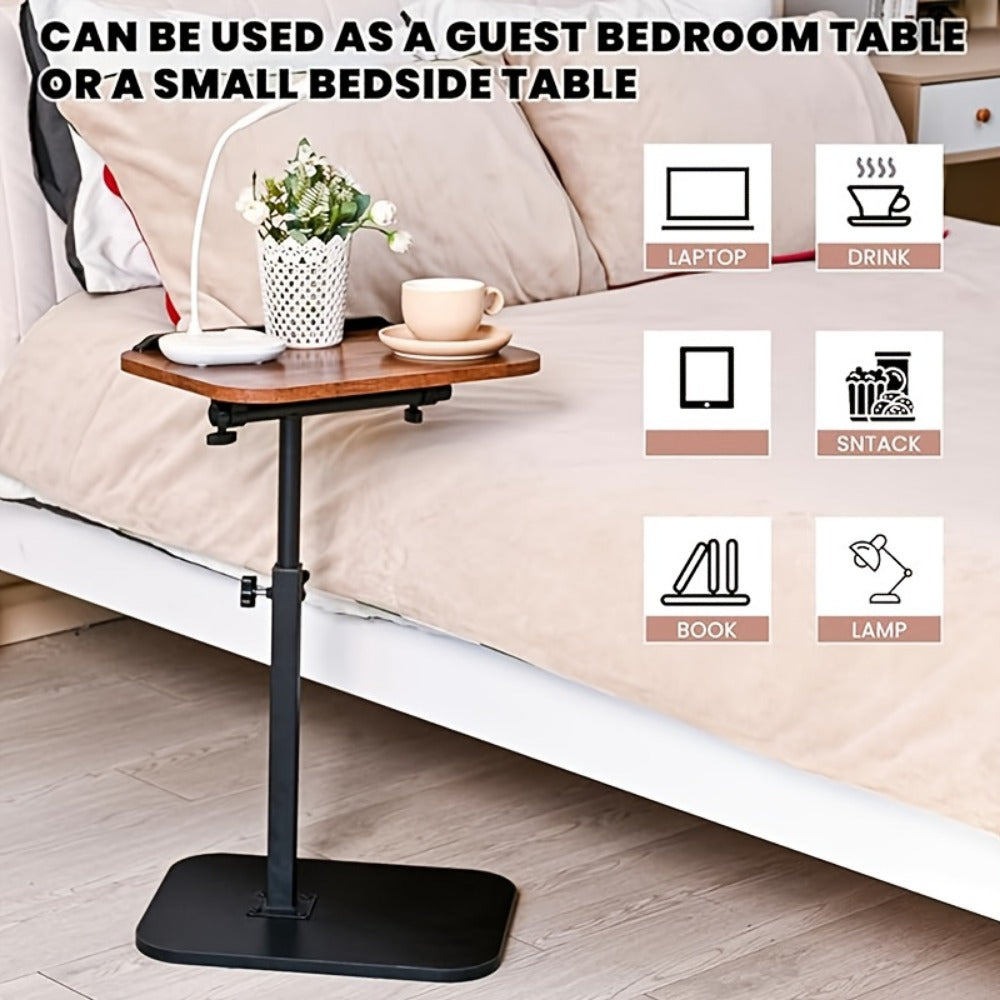 Side Table C-Shaped Wood-Look Top and Iron Frame with Adjustable Height in Black or Walnut Finish