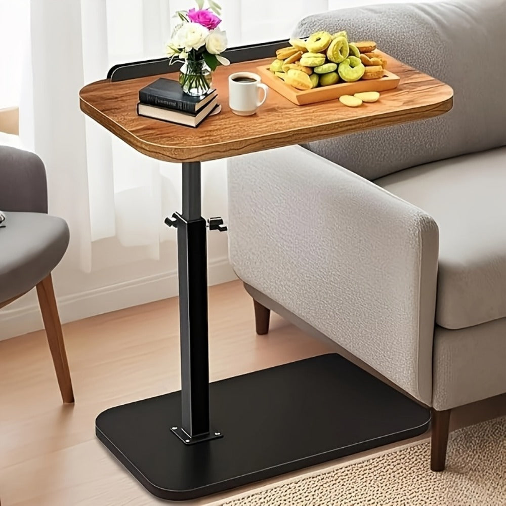 Side Table C-Shaped Wood-Look Top and Iron Frame with Adjustable Height in Black or Walnut Finish